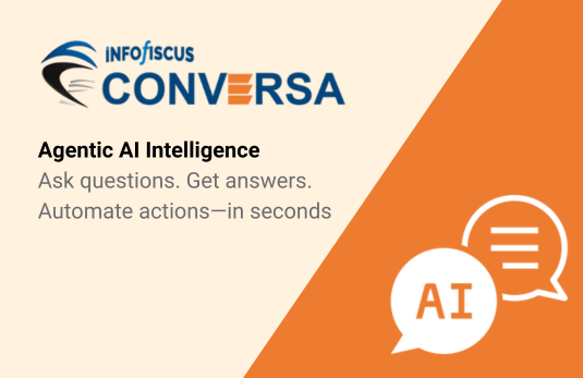 INFOFISCUS CONVERSA banner featuring the logo, an orange and cream diagonal split design, and AI chat bubble icons. Text reads: "Agentic AI Intelligence. Ask questions. Get answers. Automate actions—in seconds."